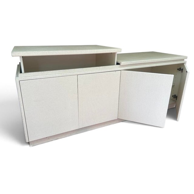 Late 20th Century Late 20th Century Contemporary Painted Raffia Motorized Lift Bar Cabinet | Illuminated Entertaining Credenza | Hidden Cocktail Station For Sale - Image 5 of 15