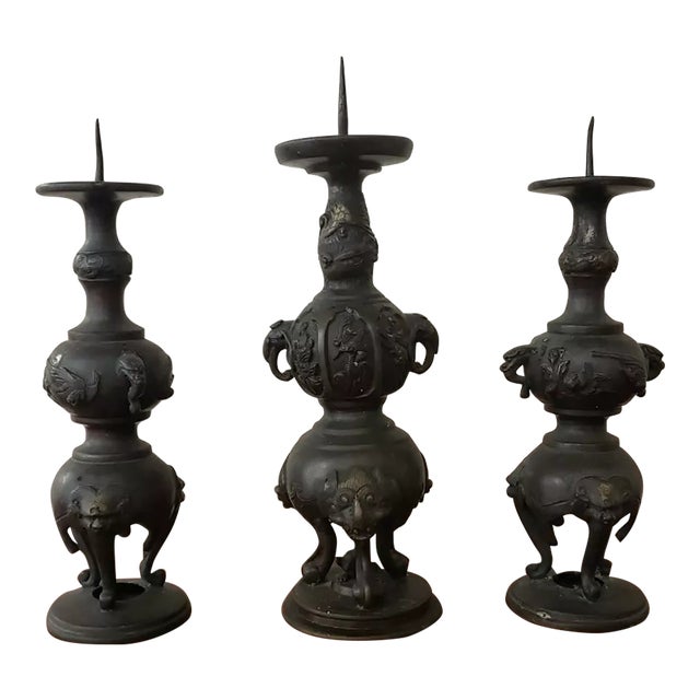 Set of 3 Late 19th Century Japanese Bronze Pricket Buddhist Temple Candlesticks (Meiji Period) For Sale