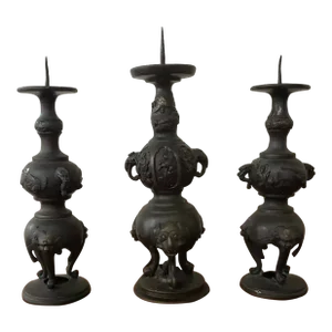 Set of 3 Late 19th Century Japanese Bronze Pricket Buddhist Temple Candlesticks (Meiji Period)