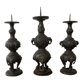 Set of 3 Late 19th Century Japanese Bronze Pricket Temple Candlesticks For Sale