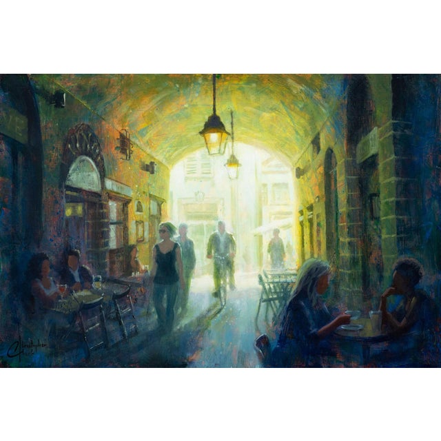 Corridor Cafe by Christopher Clark | Oil and acrylic on wood panel depicting a cafe scene in an archway. For Sale