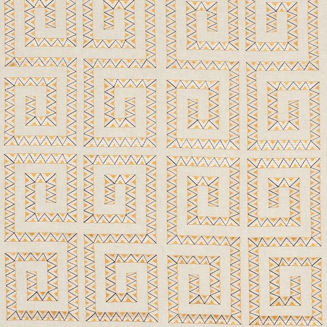 Prado Embroidery features a classic Greek Key motif embroidered in colorful satin stitch on a linen ground. It is a...