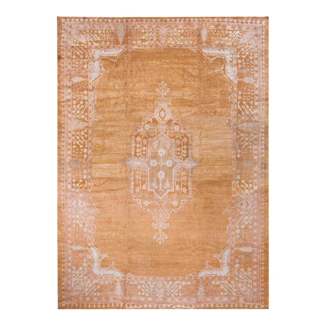 Elegant Medallion Design on Remarkable Rare and Breathtaking Gold Background Color Antique Indian Agra Rug For Sale