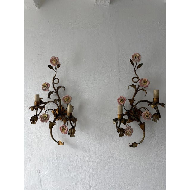 Italian Heavy Wrought Iron Roses Pink Yellow Gilt Italian Sconces, C 1900 For Sale - Image 3 of 9