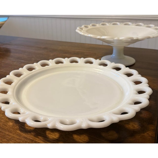 White Anchor Hocking Milk Glass Lace Edge Serving Set For Sale - Image 8 of 12