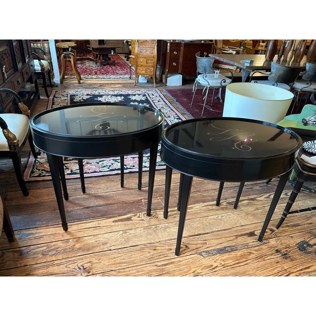 Black Barbara Barry for Baker Black Laquer Oval End Tables- A Pair For Sale - Image 8 of 11