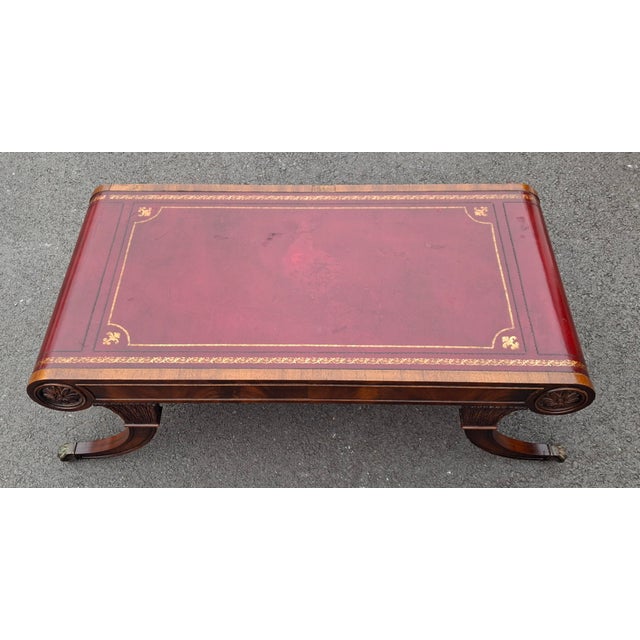 1940s Weiman Regency Flame Mahogany and Tooled Leather Top Scroll Shaped Coffee Table For Sale In Washington DC - Image 6 of 15