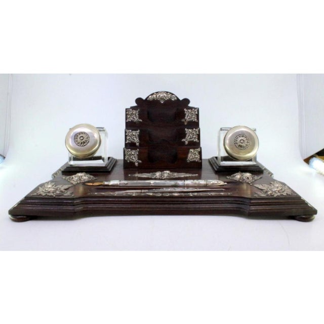 Rosewood and Glass Inkwell with Silver Applications, Pens, Business Card Holder and Feet, in Very Good conditions....