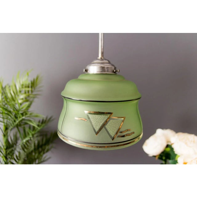 Art Deco French Green Glass Ceiling Lamp, 1930s For Sale - Image 15 of 18