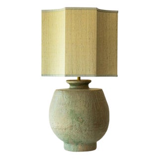 Large Pistachio Green Ceramic Table Lamp with Silk Lampshade attributed to R. Houben, 1970s For Sale