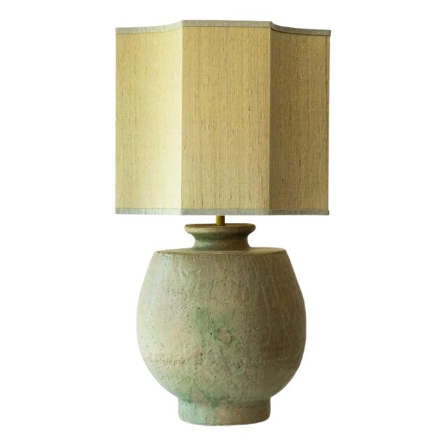 Large Pistachio Green Ceramic Table Lamp with Silk Lampshade attributed to R. Houben, 1970s For Sale