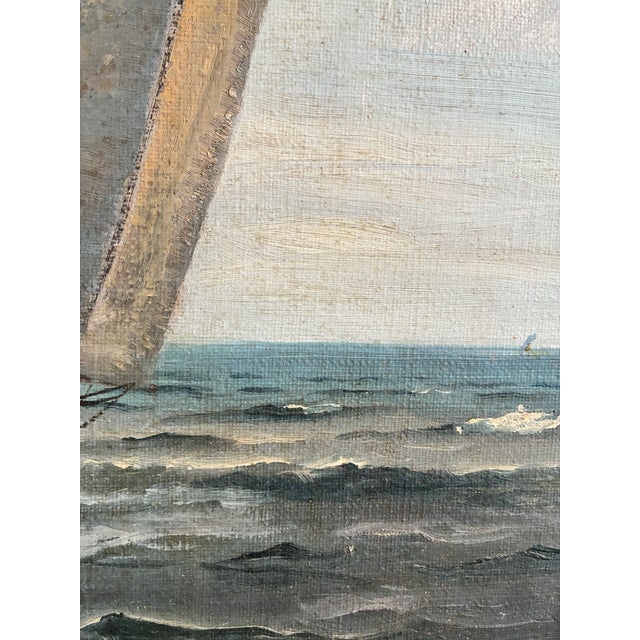 Sky Blue Vintage Signed Sailing Ship Seascape Oil Painting For Sale - Image 8 of 13