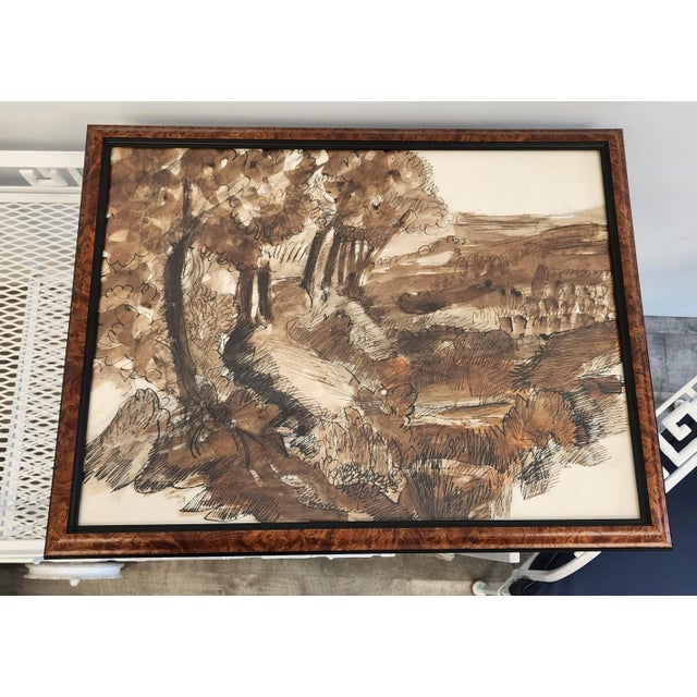 William Lyberis Signed Mid-Century Sepia Watercolor Landscape Painting For Sale - Image 16 of 17