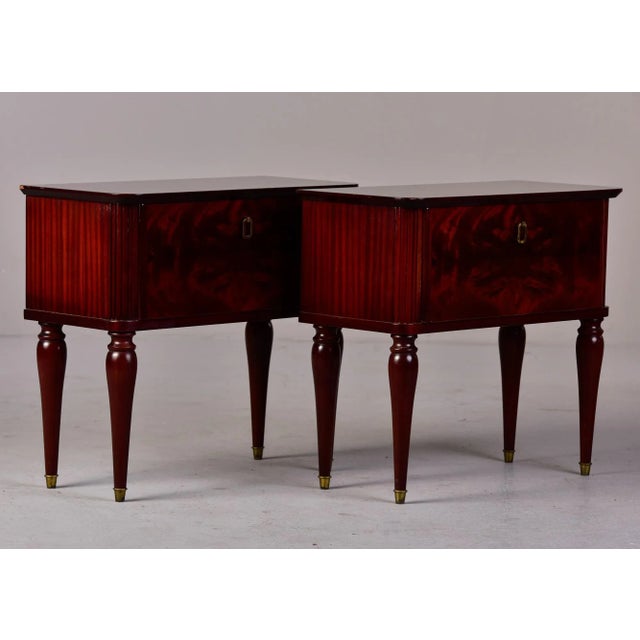 Mid Century Italian Tiger Wood Bedside Chests With Brass Tipped Legs and Hardware - Pair For Sale - Image 10 of 13