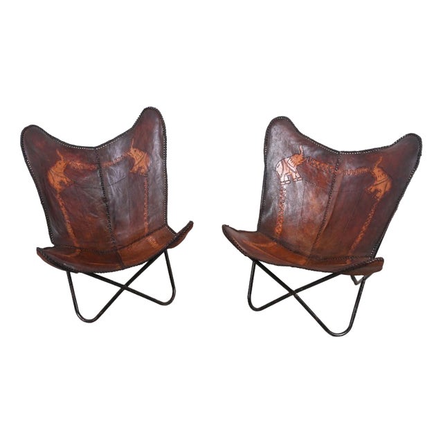 Vintage Moroccan Butterfly Chairs with Leather Campaign Seats, Set of 2 For Sale
