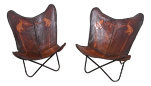 Vintage Moroccan Butterfly Chairs with Leather Campaign Seats, Set of 2
