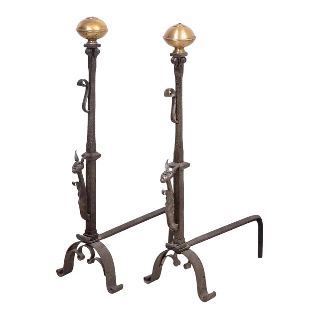 Arts & Crafts Samuel Yellin Style Wrought Iron and Brass Gargoyle Andirons For Sale