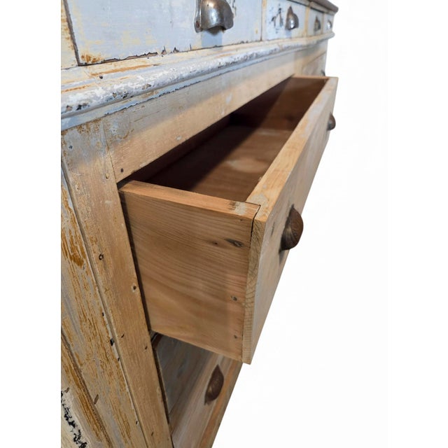 Wood French Multi-Drawer Shop Counter in Pine With Wood Shelves and Brass Brackets For Sale - Image 7 of 9