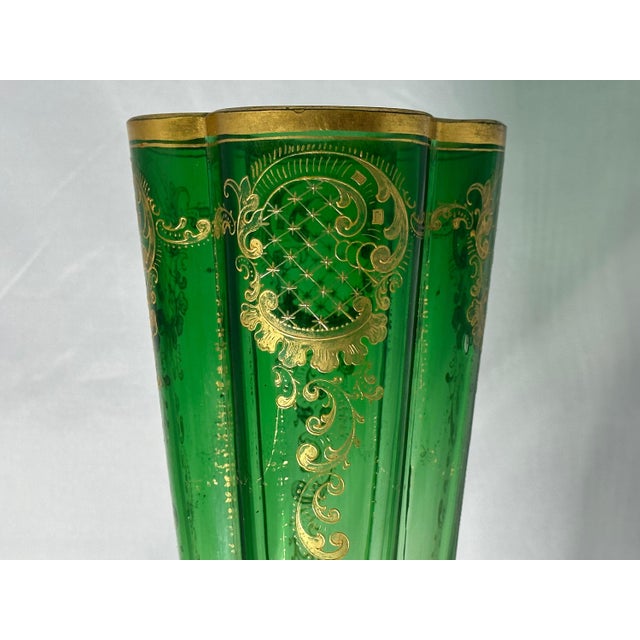 Antique Moser Green to Clear Trumpet Vase for your consideration. The vase is large, measuring approx. 18 1/2 inches tall,...