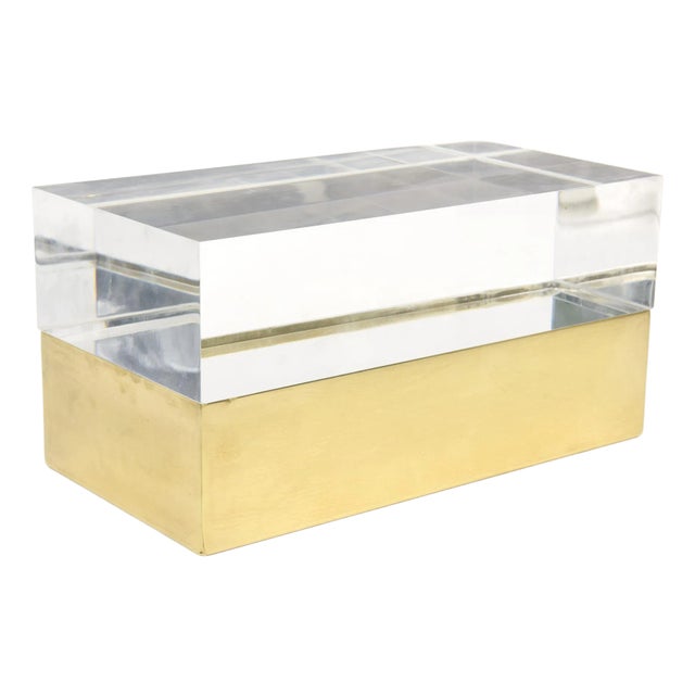 Vintage Rare Casa Bella Monumental Brass, Mirrored and Thick Lucite Two Part Box Italy For Sale