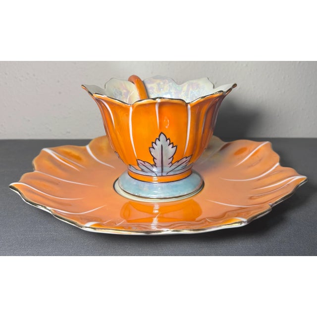 Art Deco 1920’s Japanese Art Deco Noritake Morimura Bros. Lustreware Porcelain Lotus Form Leaf Motifs Condiment Bowl Three-Piece Set With Ladle & Underplate For Sale - Image 3 of 10