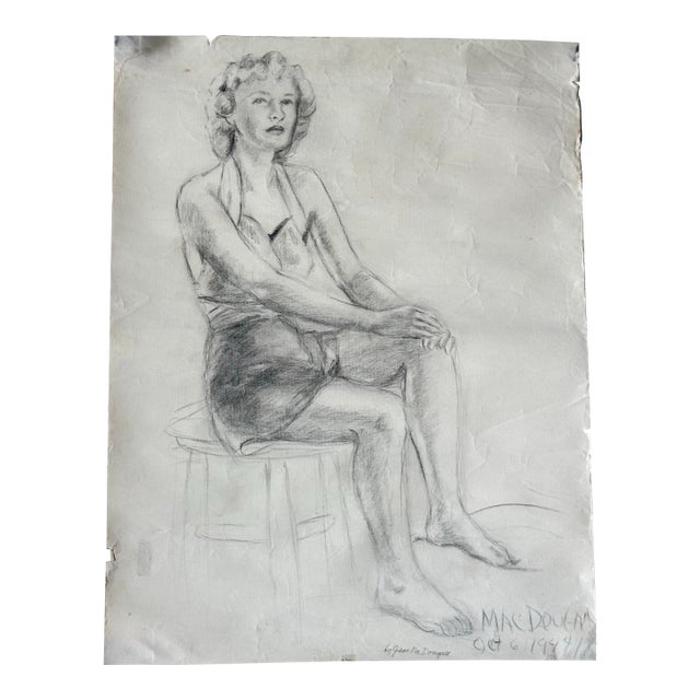 1944 Figure Study Drawing Pencil on Paper 19x25 For Sale