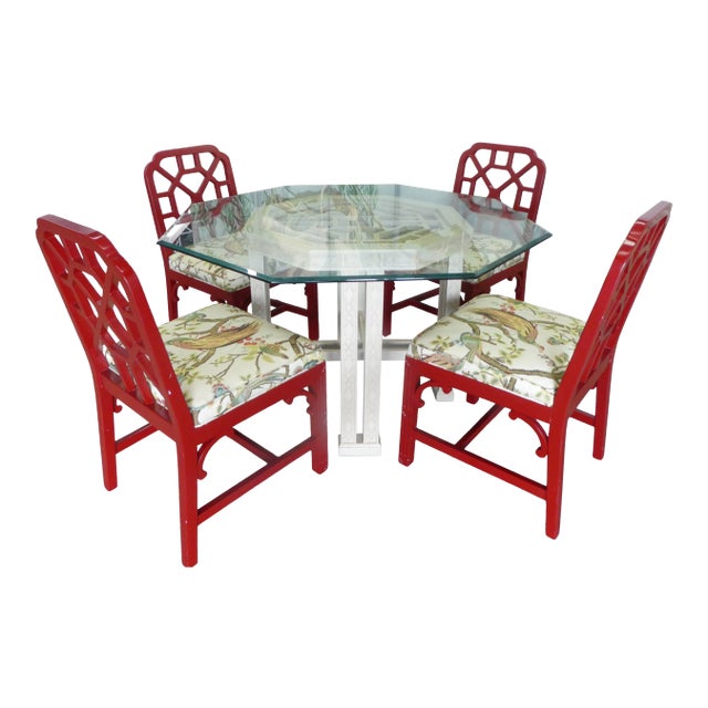 1970s Chinese Chippendale Trellis Dining Table and Chairs - Set of 5 For Sale