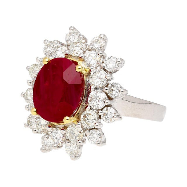 Art Deco Grs Certified 5.09 Carat Oval Burma Ruby & Diamond Halo Cluster Ring Size 6 For Sale - Image 3 of 6