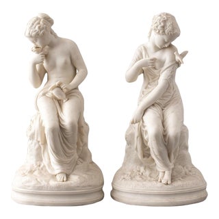 French Bisque Porcelain Figures of Maidens & Doves For Sale