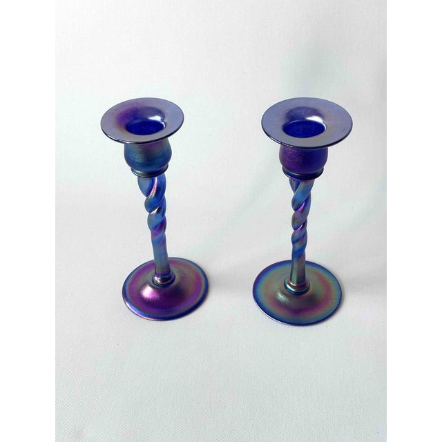 Contemporary Aurene Blue Glass Candlesticks by Carder, Set of 2 For Sale - Image 3 of 8