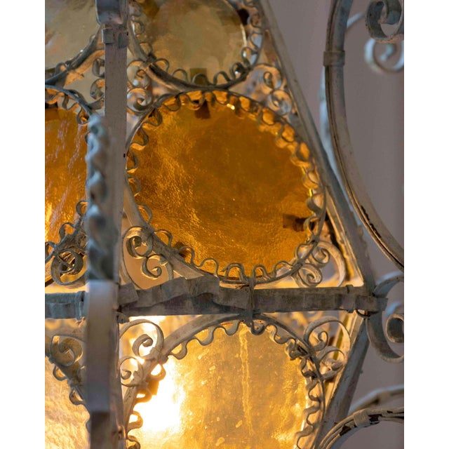 Italian Early 1900s Italian Wrought Iron Lantern Light Green Finish Amber Glasses For Sale - Image 3 of 12