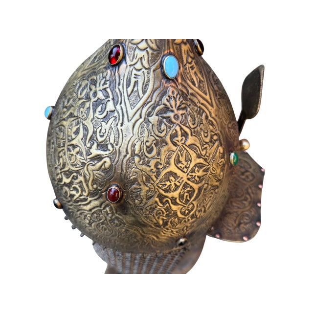 Gothic Jeweled Engraved Brass Helmet For Sale - Image 3 of 18
