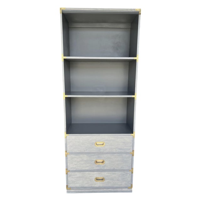 Restored 1960s Campaign Style Bookcase in Light Gray With Brass Hardware – Three Drawers, Open Shelves For Sale - Image 11 of 12