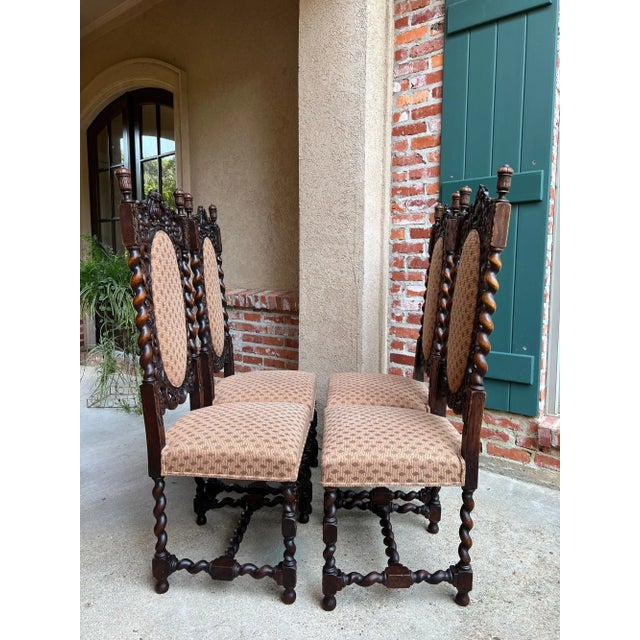 Set 4 Tall Antique French Dining Chairs Barley Twist Renaissance Carved Oak 1890 For Sale - Image 10 of 18