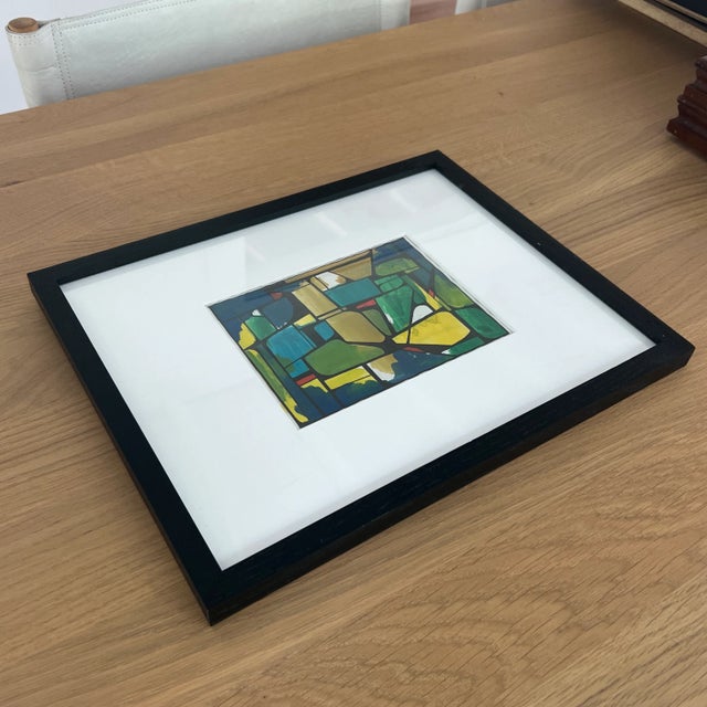 Mid 20th Century Newly Framed Vintage Midcentury Blue and Green Abstract Geometric Painting For Sale - Image 5 of 5