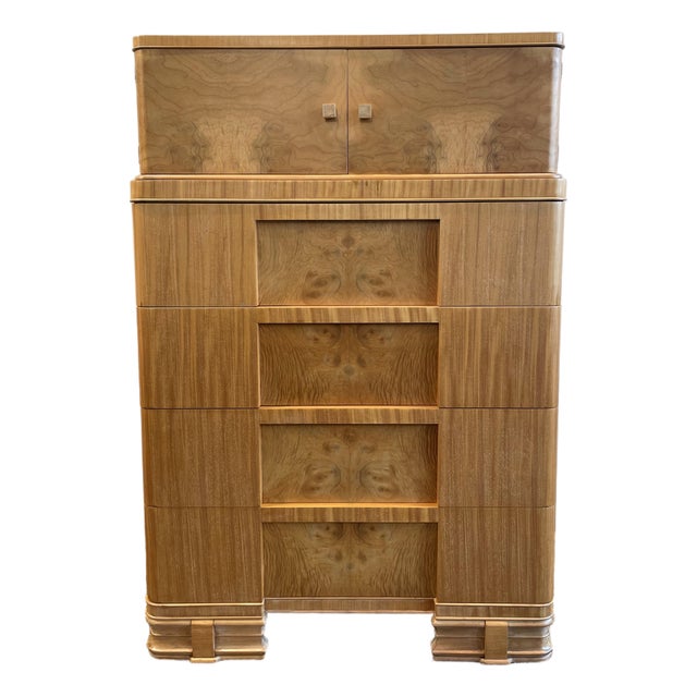 1930s Vintage Burled Wood Art Deco High Boy Cabinet For Sale