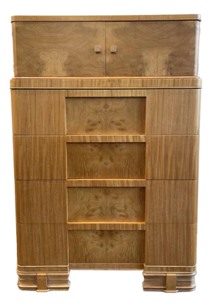 1930s Vintage Burled Wood Art Deco High Boy Cabinet