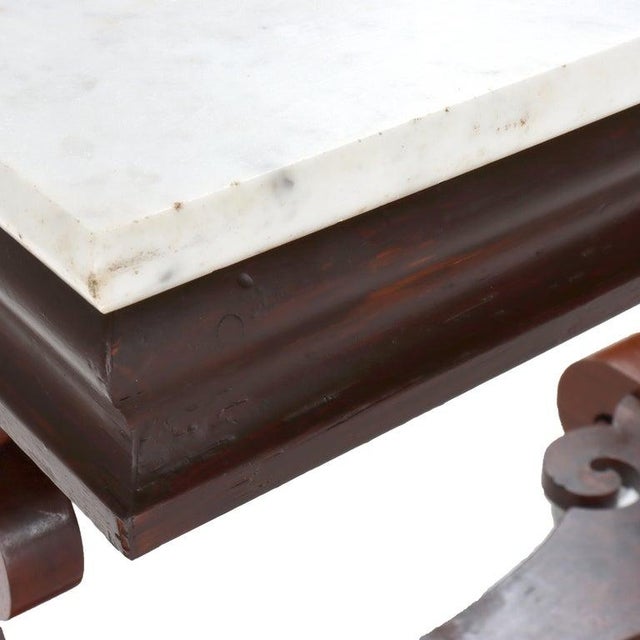 American Antique Quervelle School Classical Flame Mahogany Marble Top Trestle Table C1840 For Sale - Image 3 of 17