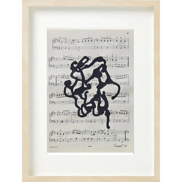 Paper 14.6" by 17.3" Natural Wood Shadow Box Framed Original Drawings 'Black and White Floral Abstractions on Music Score Sheets' #4 - Wall Gallery For Sale - Image 7 of 11