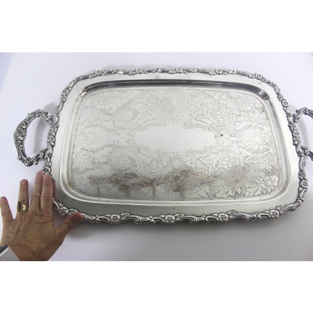Extra Large Butler’s Tray Silver Plated Rectangular Platter Vintage Plate Ornate Floral Handles Embossed Serving For Sale - Image 13 of 15
