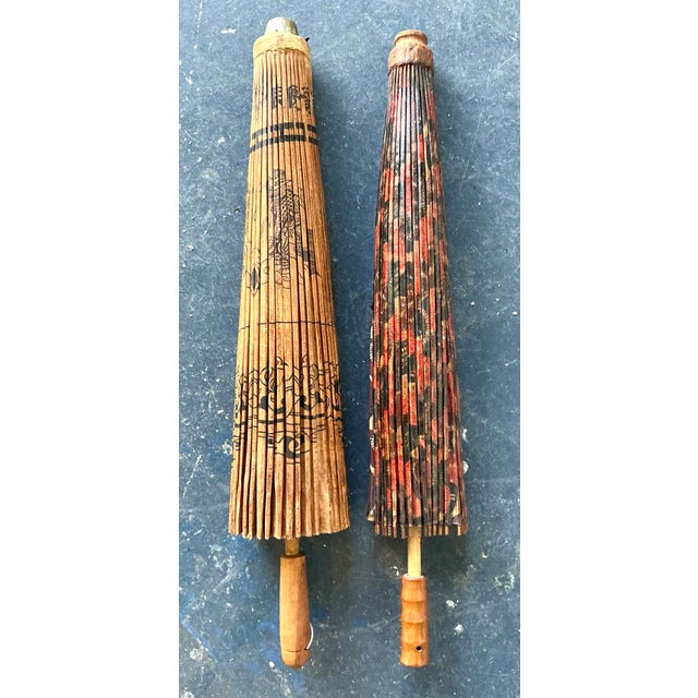 Vintage Boho Asian Patinated Paper Parasols - Set of 2 For Sale - Image 12 of 12