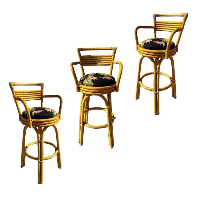 Restored 2-Strand Arch Base Rattan Bar Stools W/ Armrest, Set of 3 For Sale