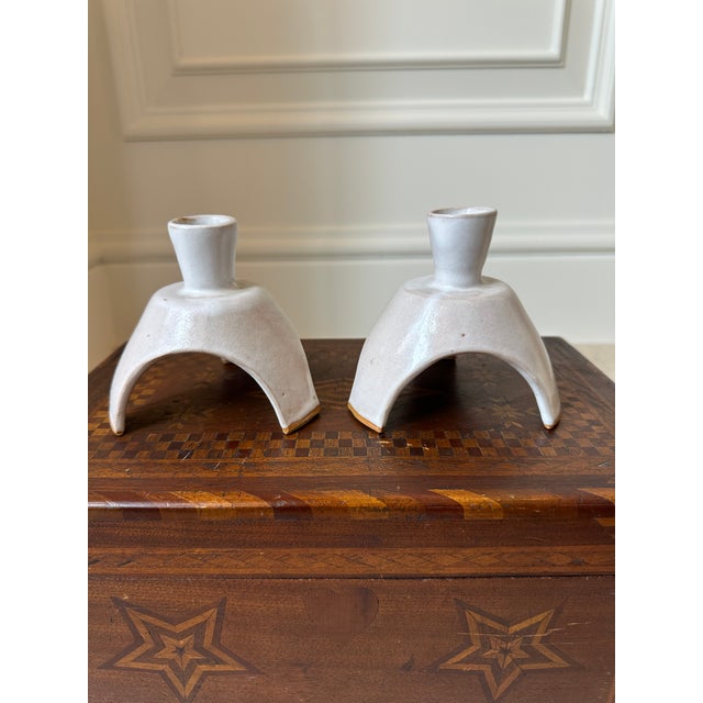 Mid 20th Century Vintage Handcrafted Signed Atomic Glazed Terracotta Candleholders - A Pair For Sale - Image 5 of 18