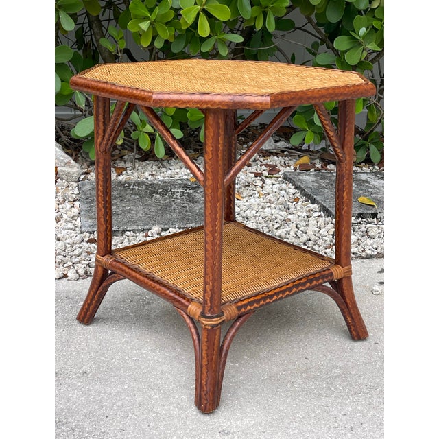 Wood Vintage Palecek Tortoise Rattan & Wicker Side Table – Palm Beach Style For Sale - Image 7 of 11