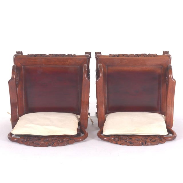 Pair of Mid Century Chinese Asian Rosewood Arm Chairs With Matching Dream Stone (Marble) Inserts, Elaborate Carving, Needlepoint Seat Cushions For Sale - Image 9 of 18