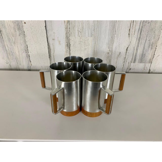 Silver Modernist Pewter and Teak Tankard Set of Six For Sale - Image 8 of 12
