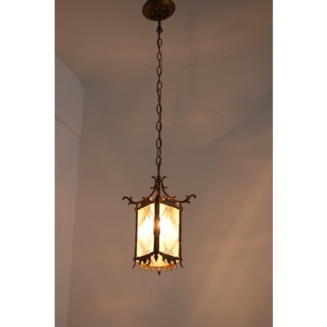 Antique Japanese Style Brass and Etched Glass Hanging Lantern, Early 20th Century For Sale - Image 13 of 18