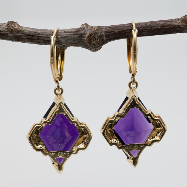 16Ct Zambian Amethyst Kite Earrings – Solid 14k Gold, 22x13mm Statement Studs, A Pair For Sale In Columbus - Image 6 of 7