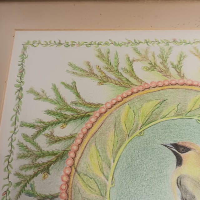 Green Cedar Waxing Birds Giclee Print Tamlyn Akins Soft Pastel Colors Mat Framed 13x17 For Sale - Image 8 of 16