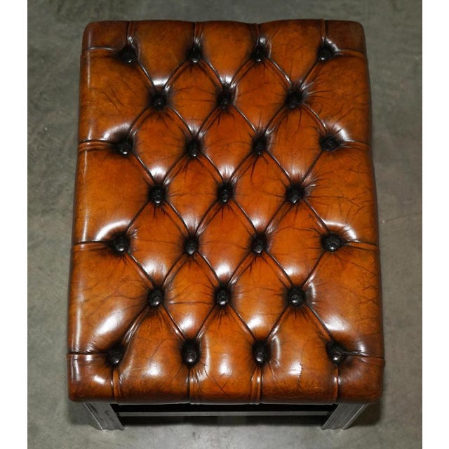 Vintage Brown Hand-Dyed Tufted Leather Chesterfield Ottomans, Set of 2 For Sale - Image 6 of 18